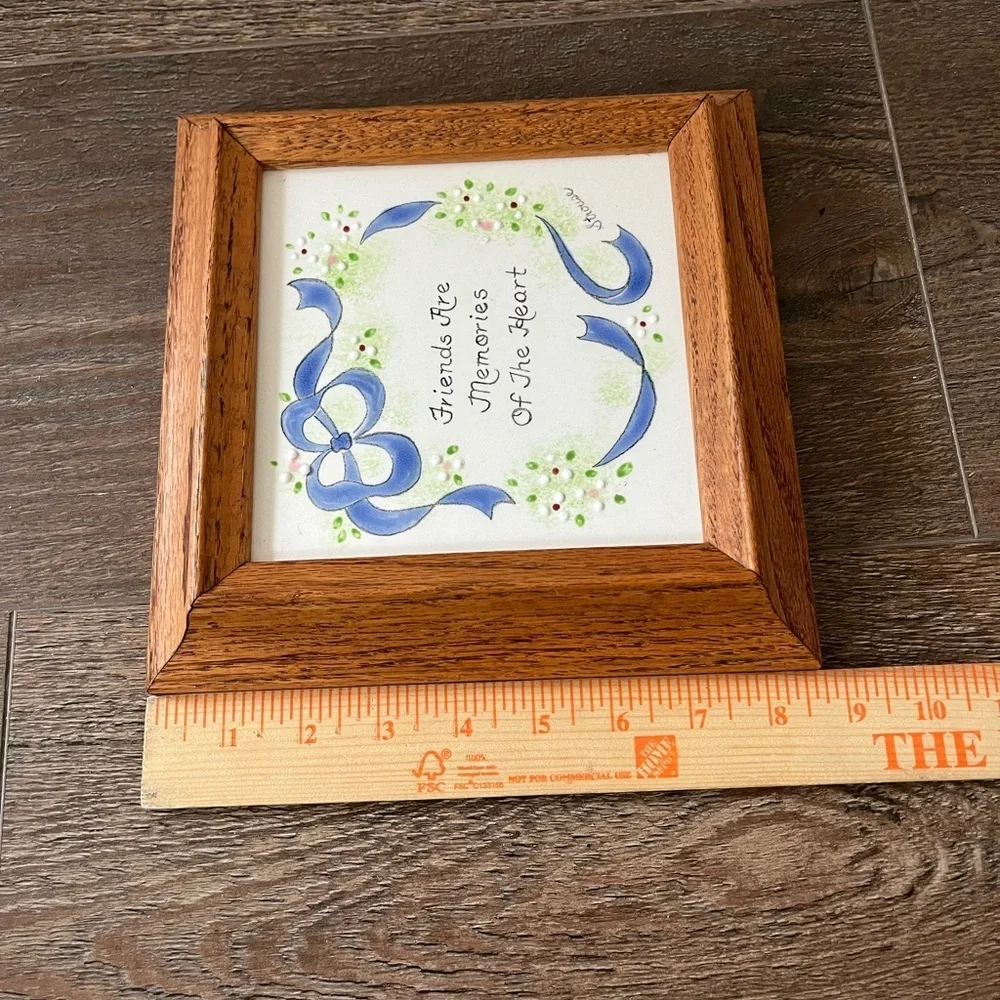 Wooden Framed Ceramic Wall Art with Blue Accents 9/9 Inch
